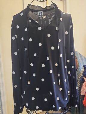 Anne Klein Black Long-Sleeve Polka Dot Top